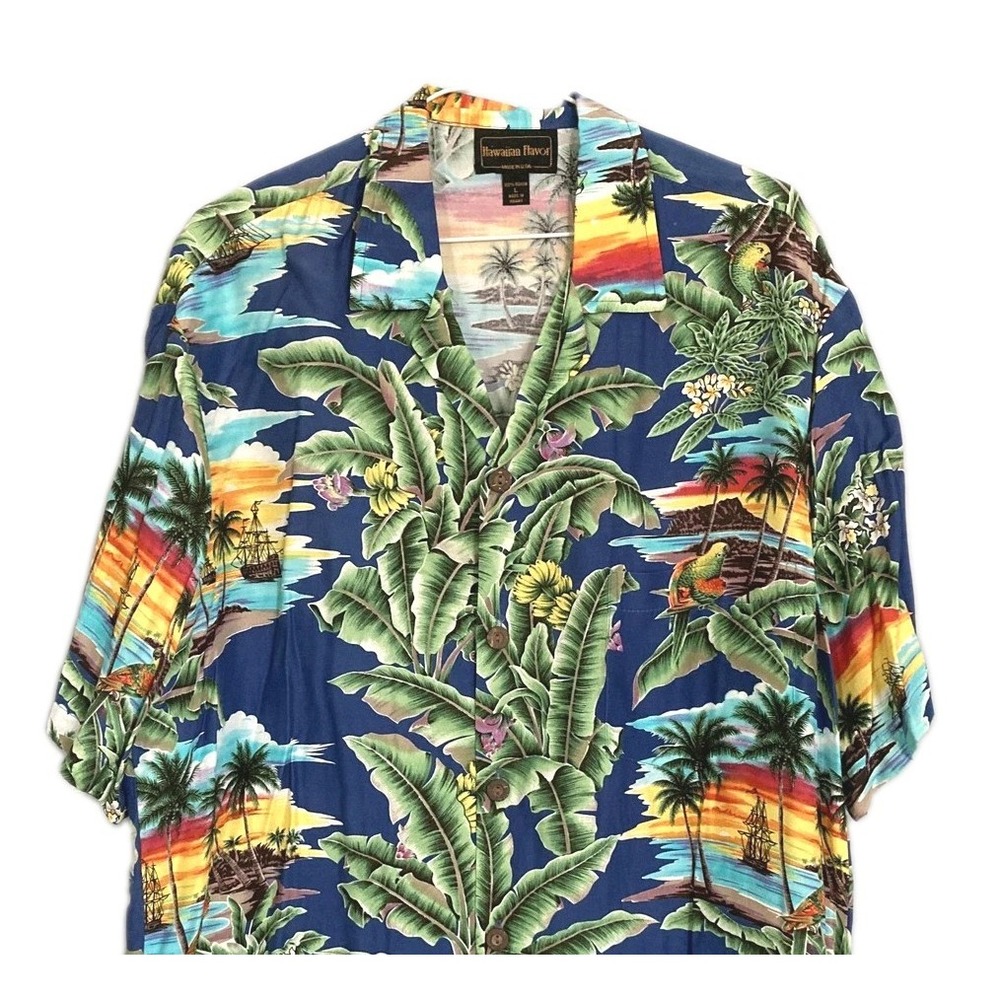 Vtg Hawaiian Flavor Shirt Mens L Blue Tropical Aloha Parrot Island Rayon Hawaii